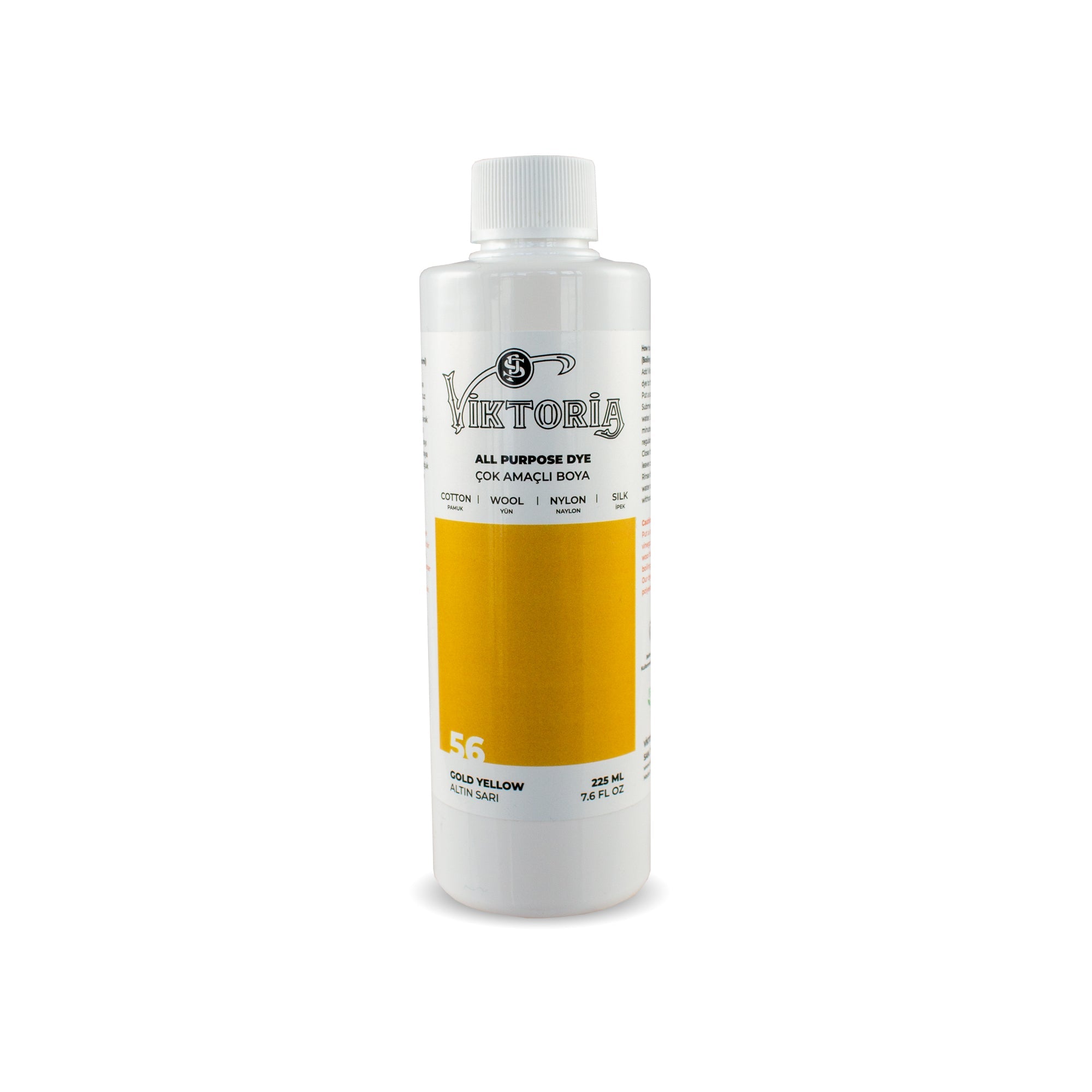 Viktoria all-purpose golden yellow fabric dye bottle for cotton, wool, silk, linen, viscose, bamboo, and nylon, 225ml